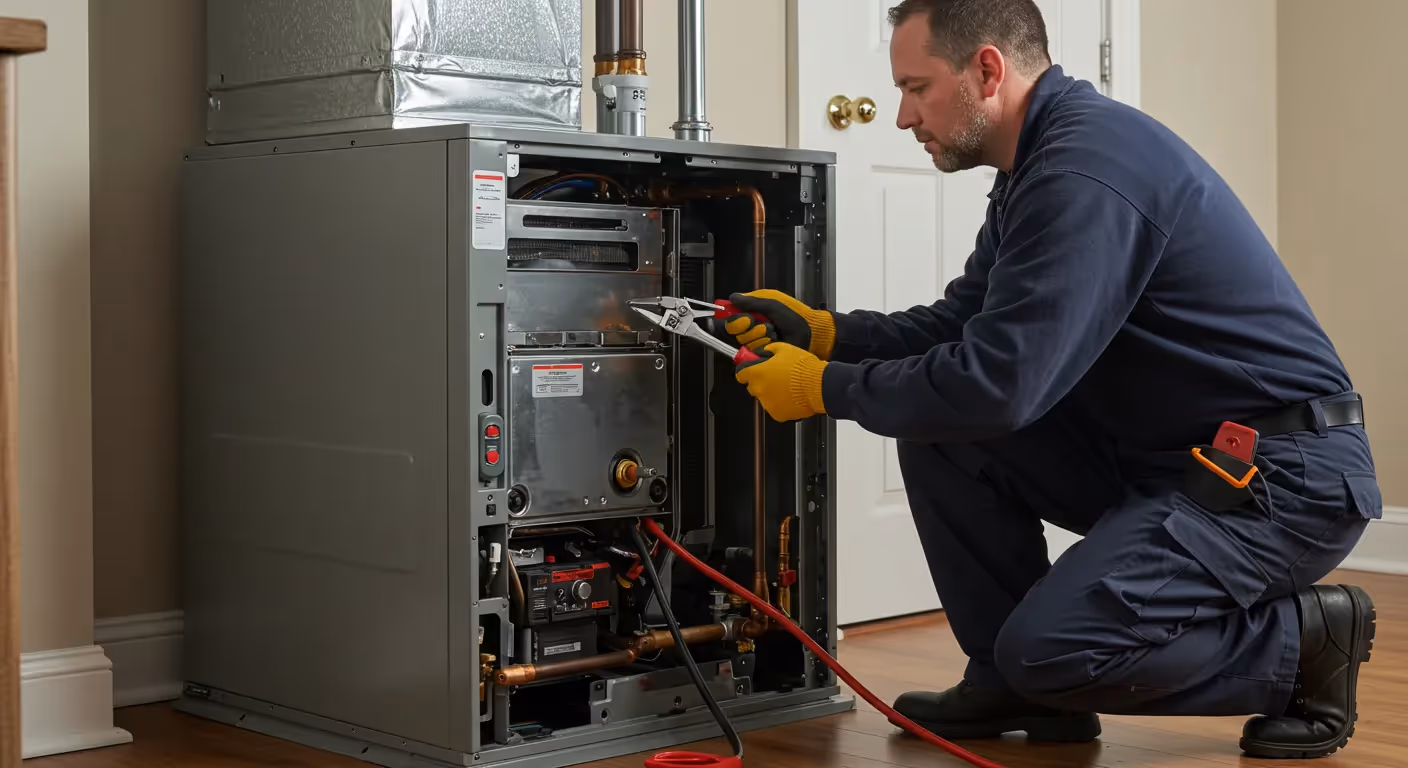 A technician in blue overalls and yellow gloves kneels, using pliers to work on the internal components of a gas furnace.