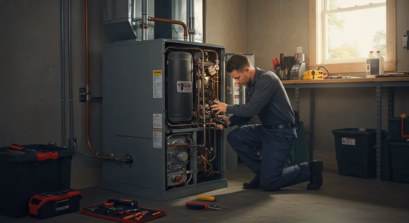 A technician in a grey long-sleeve shirt and black gloves kneels, using tools to work on the internal components of a furnace in a garage.