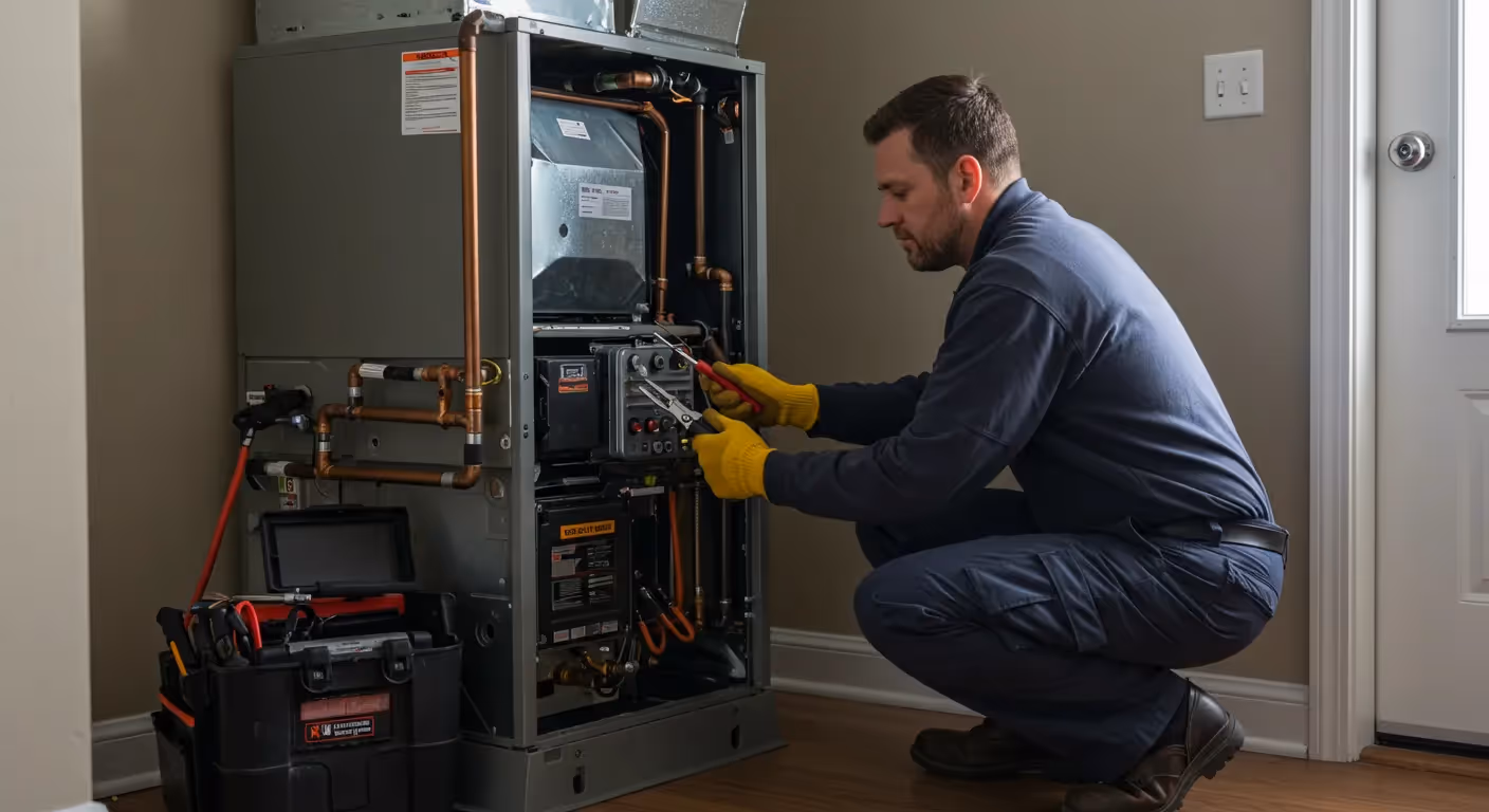 A technician in blue overalls and yellow gloves kneels, using a wrench and pliers to work on the piping of a furnace.