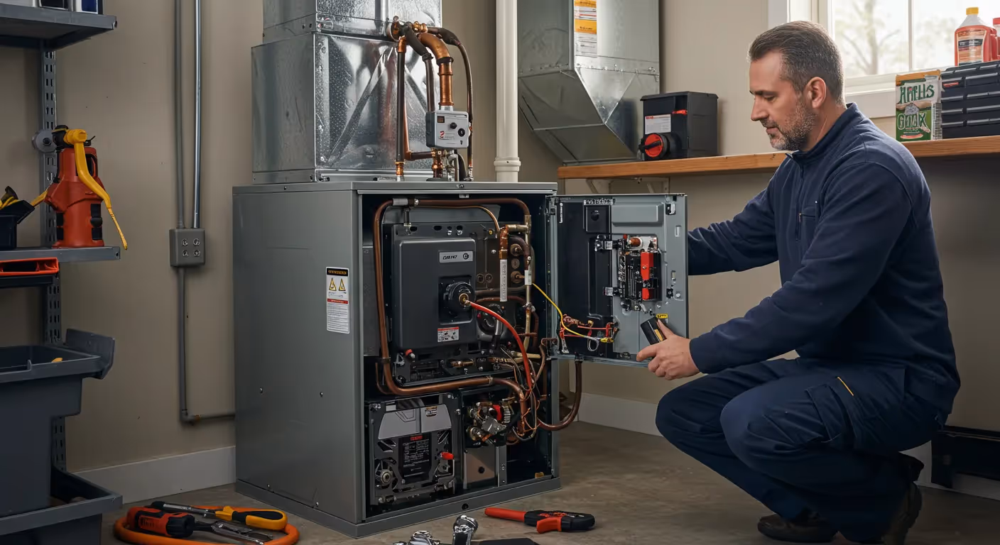 A technician in a blue polo and black gloves kneels, opening the control panel of a furnace with a collection of tools on the floor nearby.