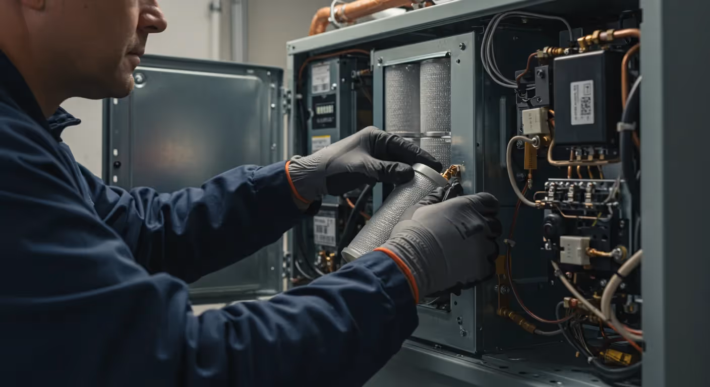 A close-up of a technician's hands holding and inspecting two cylindrical metal filters within a furnace.