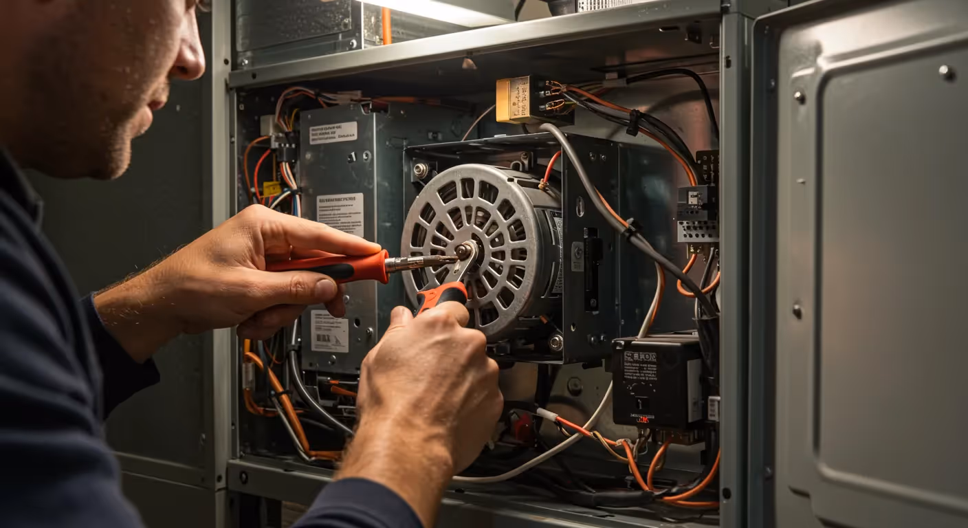 A close-up of a technician's hands using pliers and a screwdriver to work on the motor inside a furnace.