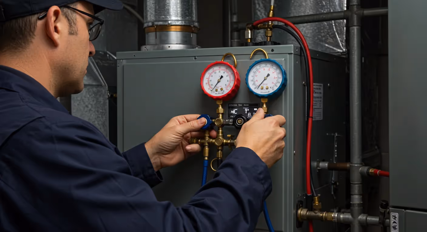 A technician connects a set of red and blue pressure gauges to a furnace to check its refrigerant levels.