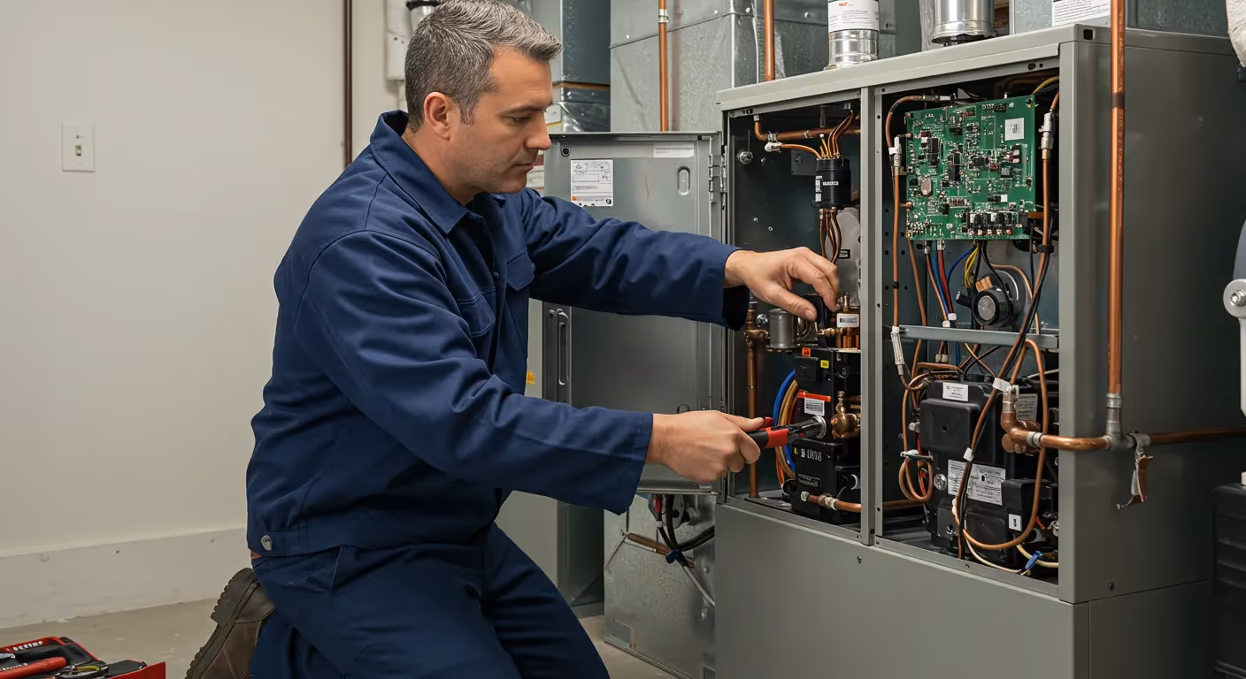 HVAC technician repairing wiring inside an open furnace.