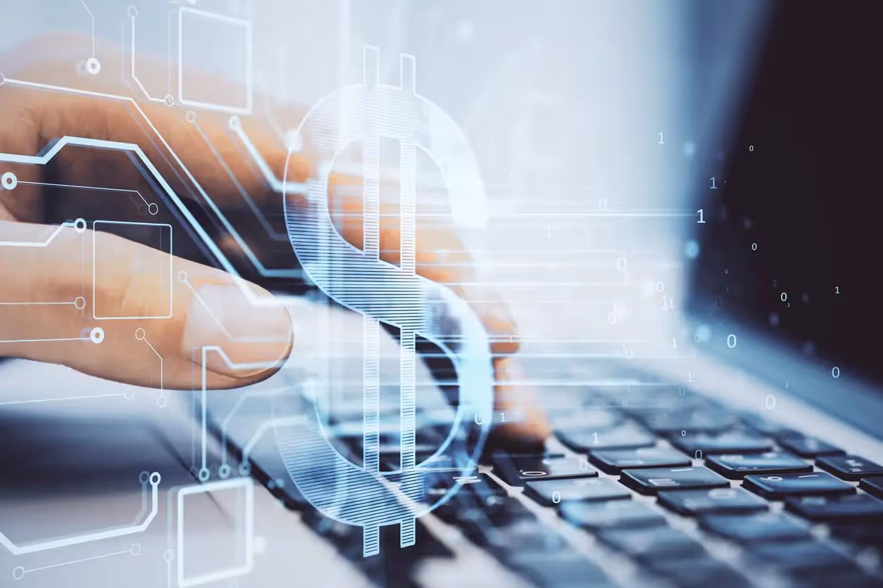 Close-up of fingers on a keyboard with a large, translucent digital dollar sign and circuit patterns