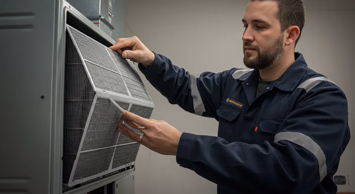 Technician replacing a clean, pleated furnace filter.