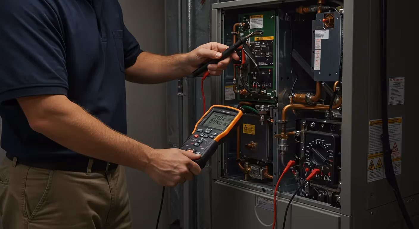 HVAC technician using a multimeter to check furnace wiring.