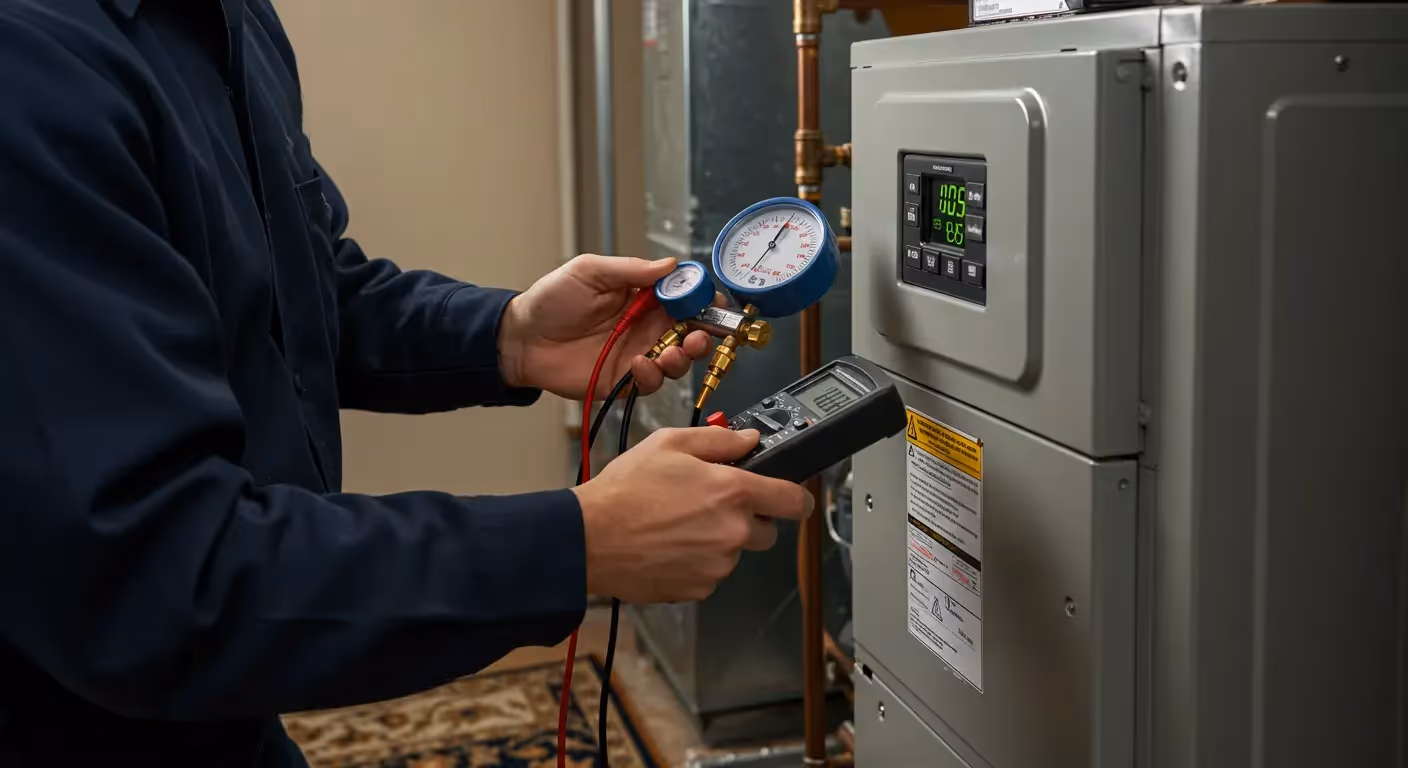Technician checking furnace pressure with a manifold gauge.