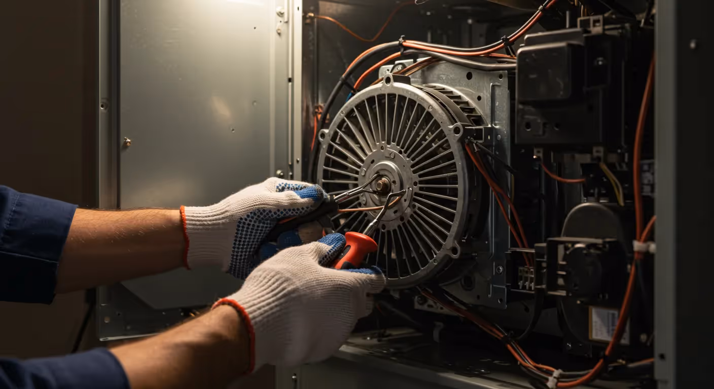 A close-up view of a technician's hands, in white gloves, meticulously working on the electrical wiring and blower motor of a heating unit.