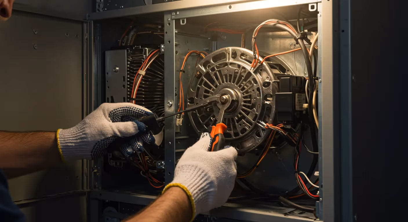A technician, wearing gloves, uses a wrench to tighten a bolt on the blower fan motor of a furnace.