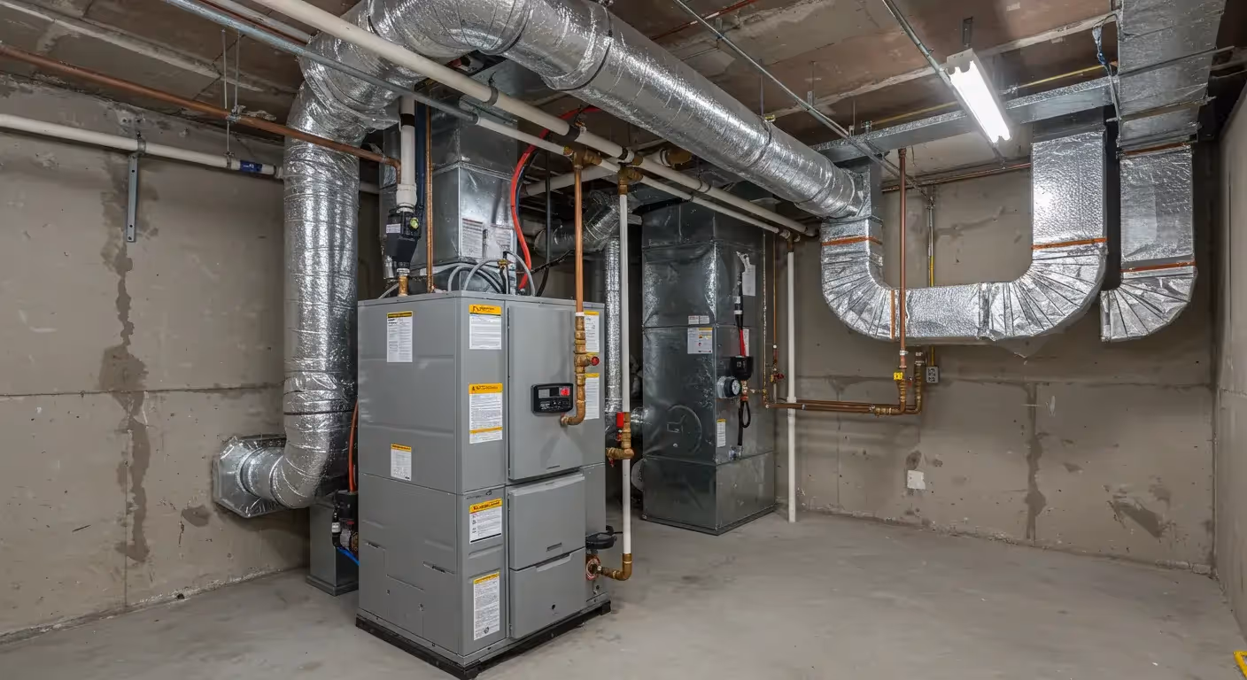 A pair of large, industrial-style gray furnaces connected by a network of insulated silver ducts in a concrete basement.