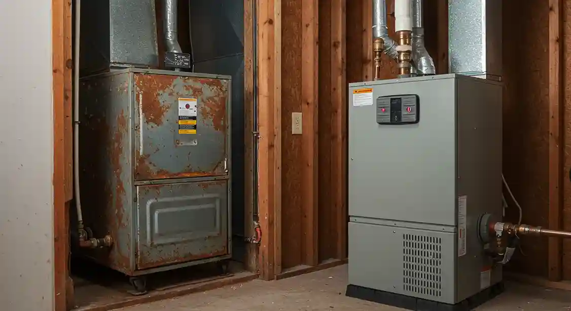 A brand-new furnace stands next to an old, rusted one, illustrating an upgrade.