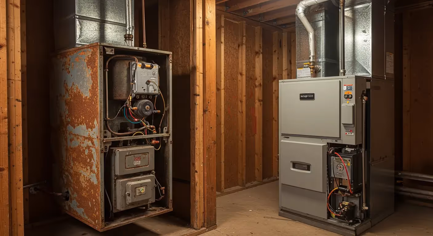 A side-by-side comparison of a severely rusted old furnace next to a new, modern replacement unit.