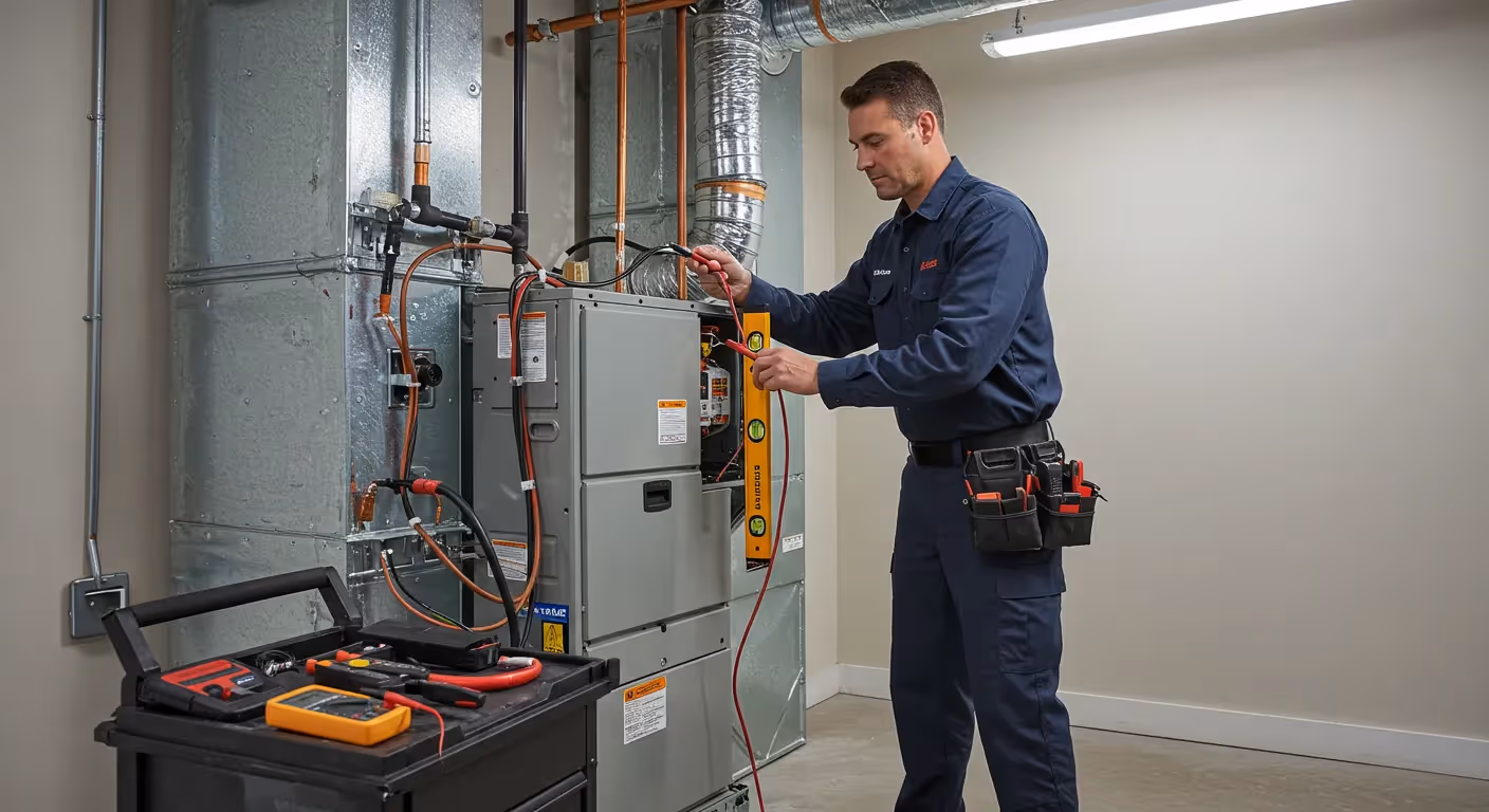 A technician uses a level to adjust a new furnace, with a toolbox filled with instruments nearby.
