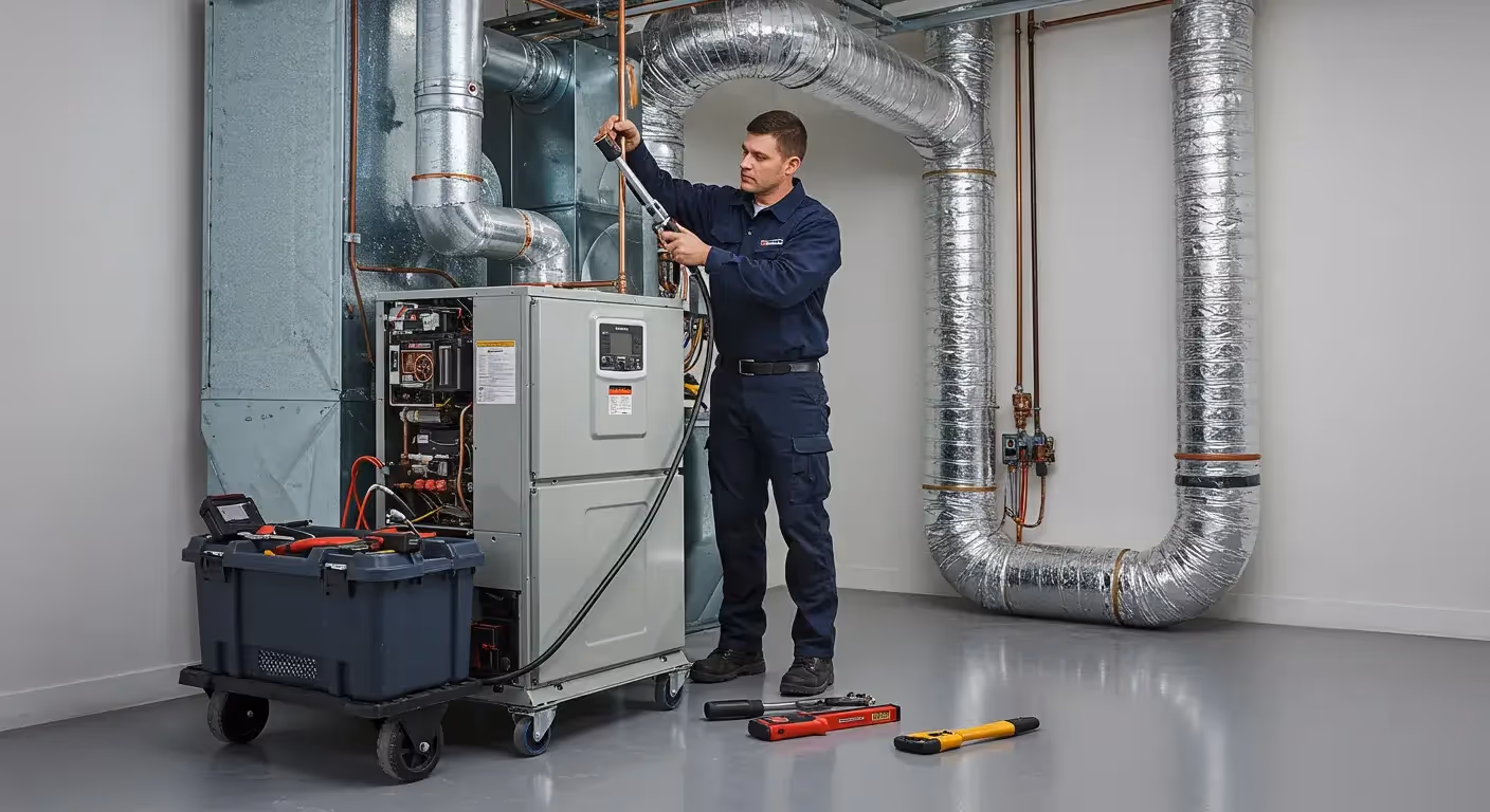 A technician uses a tool to work on the wiring of a new furnace, standing beside a rolling toolbox.