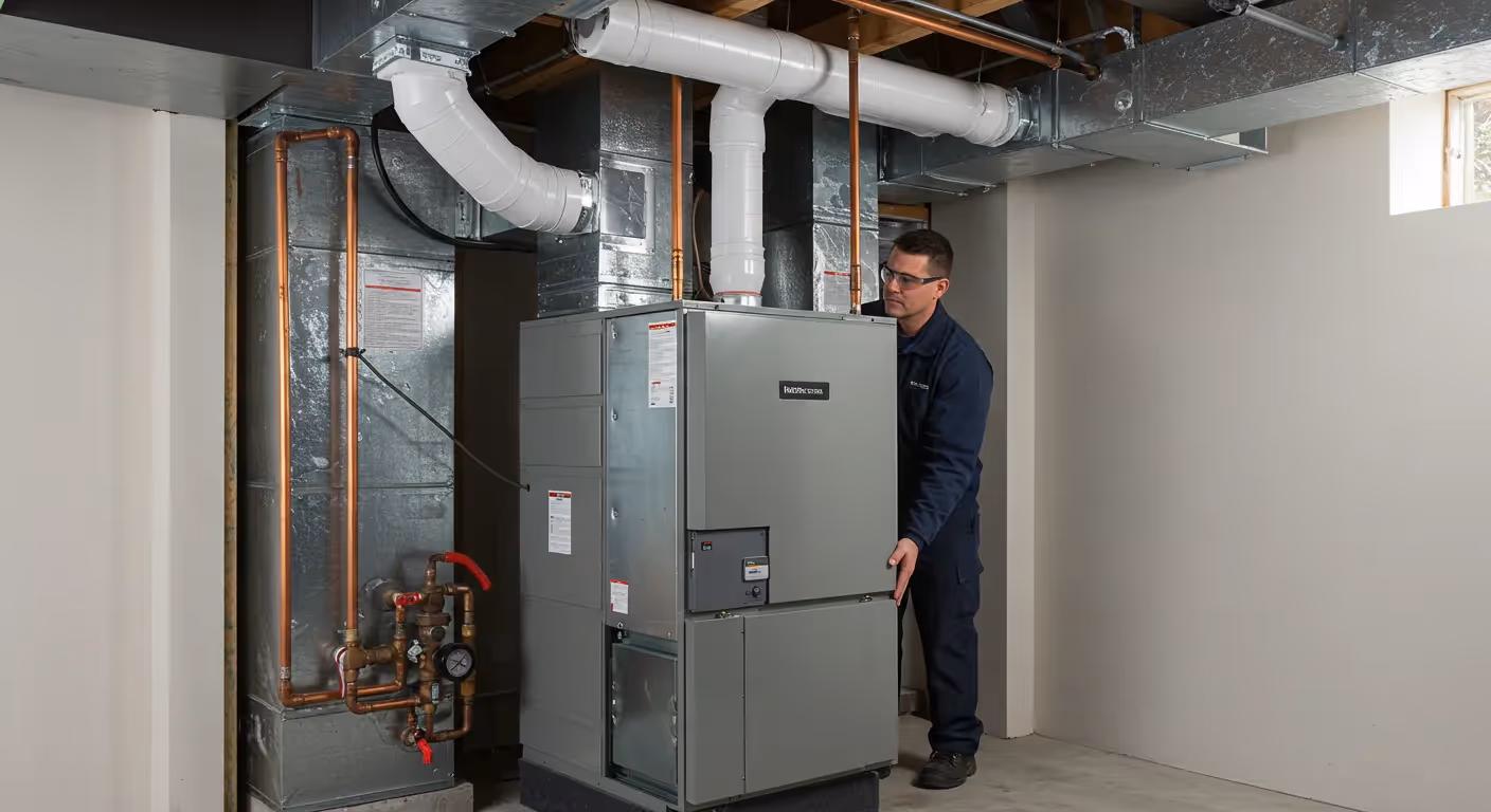 A technician adjusts a new furnace, which is connected to shiny metal and white plastic ducts, in a well-lit basement.