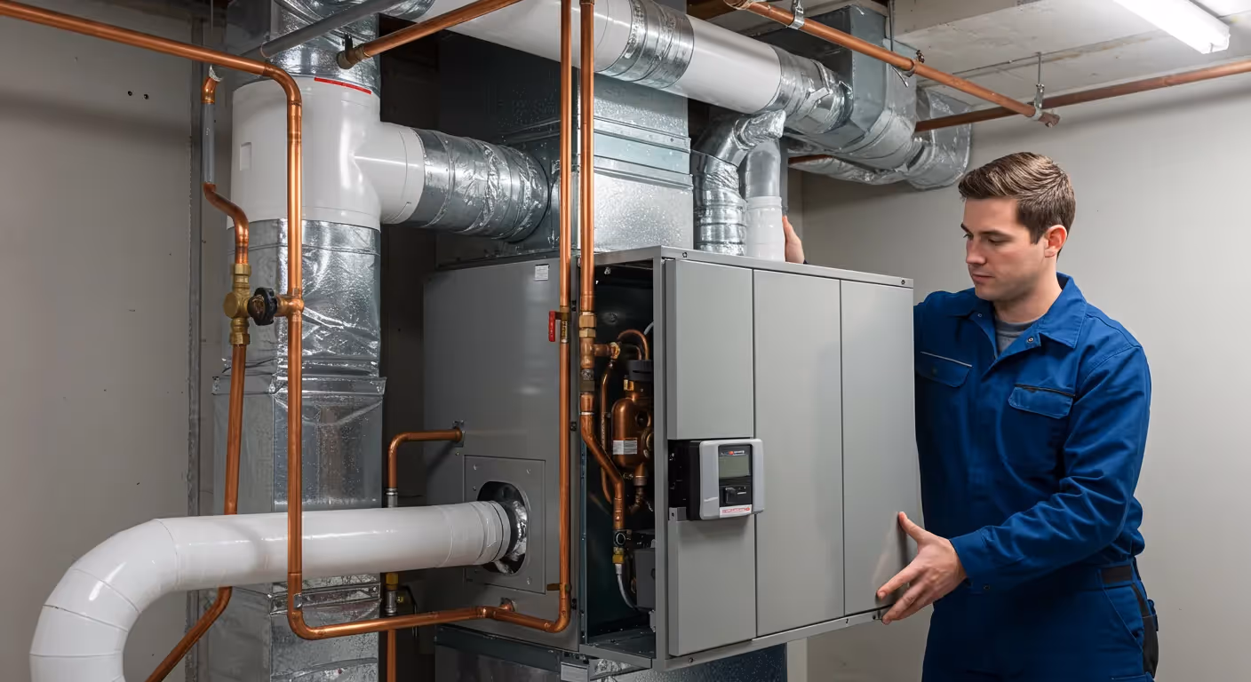 A technician holds a removed panel from a new furnace, revealing the interior components.