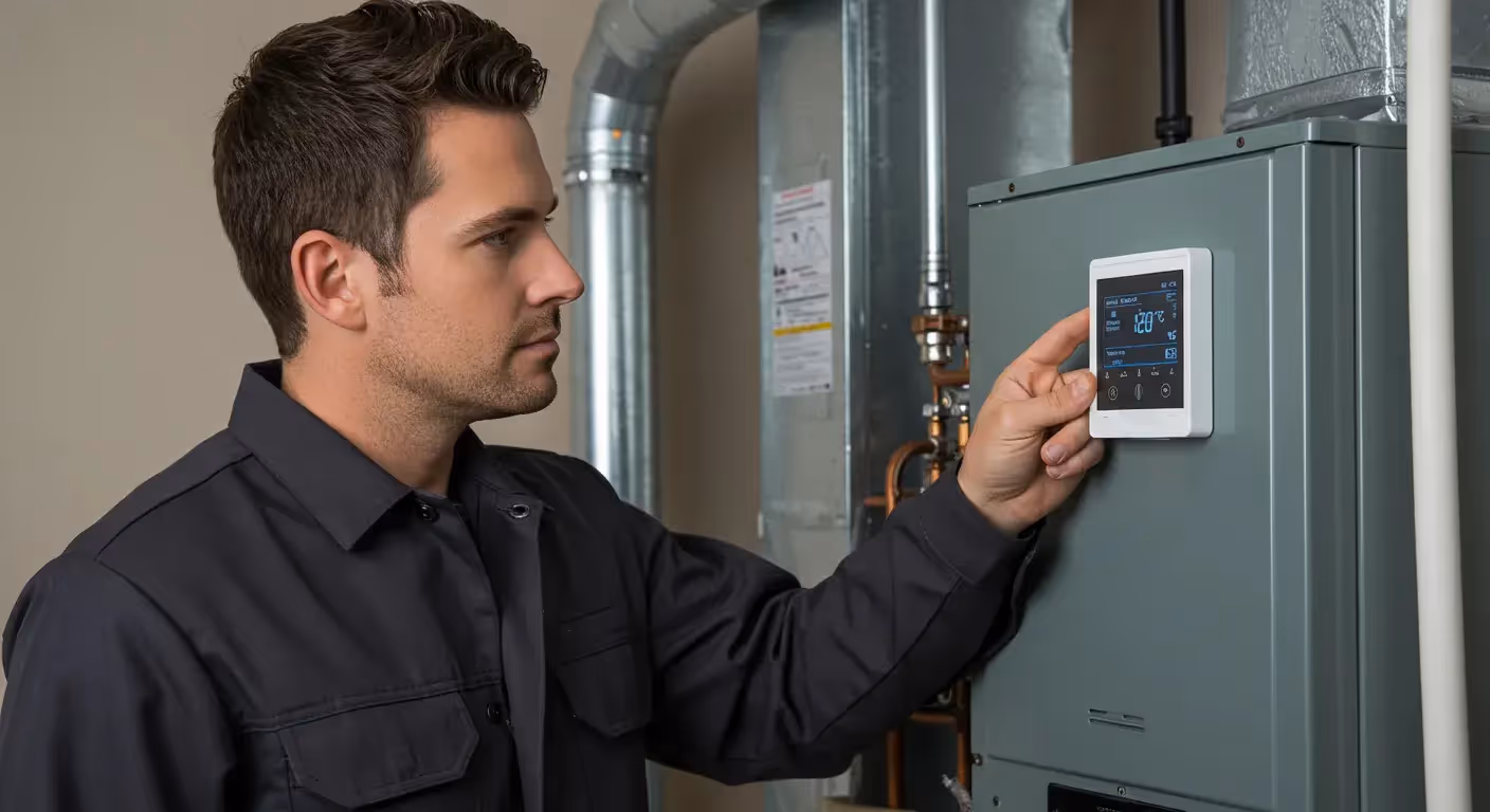 A technician adjusts a digital thermostat display mounted on the side of a modern furnace.