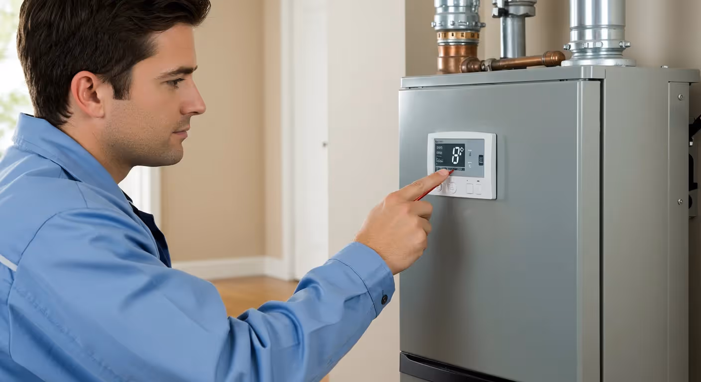 A close-up of a technician in a light blue shirt adjusting the digital thermostat on the front of a furnace.