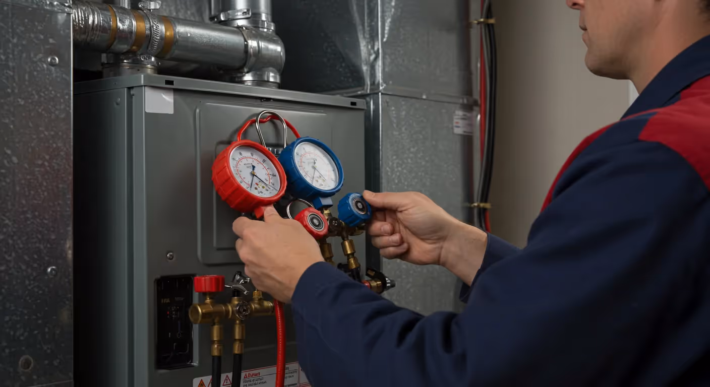 A technician in a blue and red uniform connects a red and blue gauge manifold to a furnace.