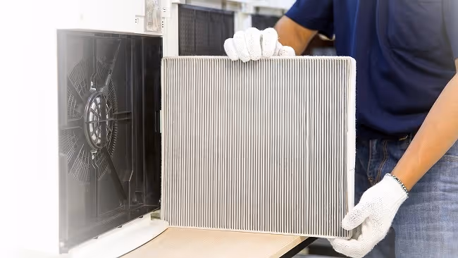 Technician holding pleated air filter replacement.
