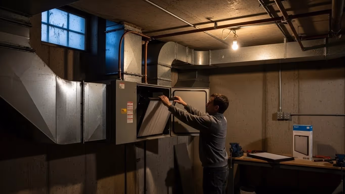 Man changing air filter in basement.