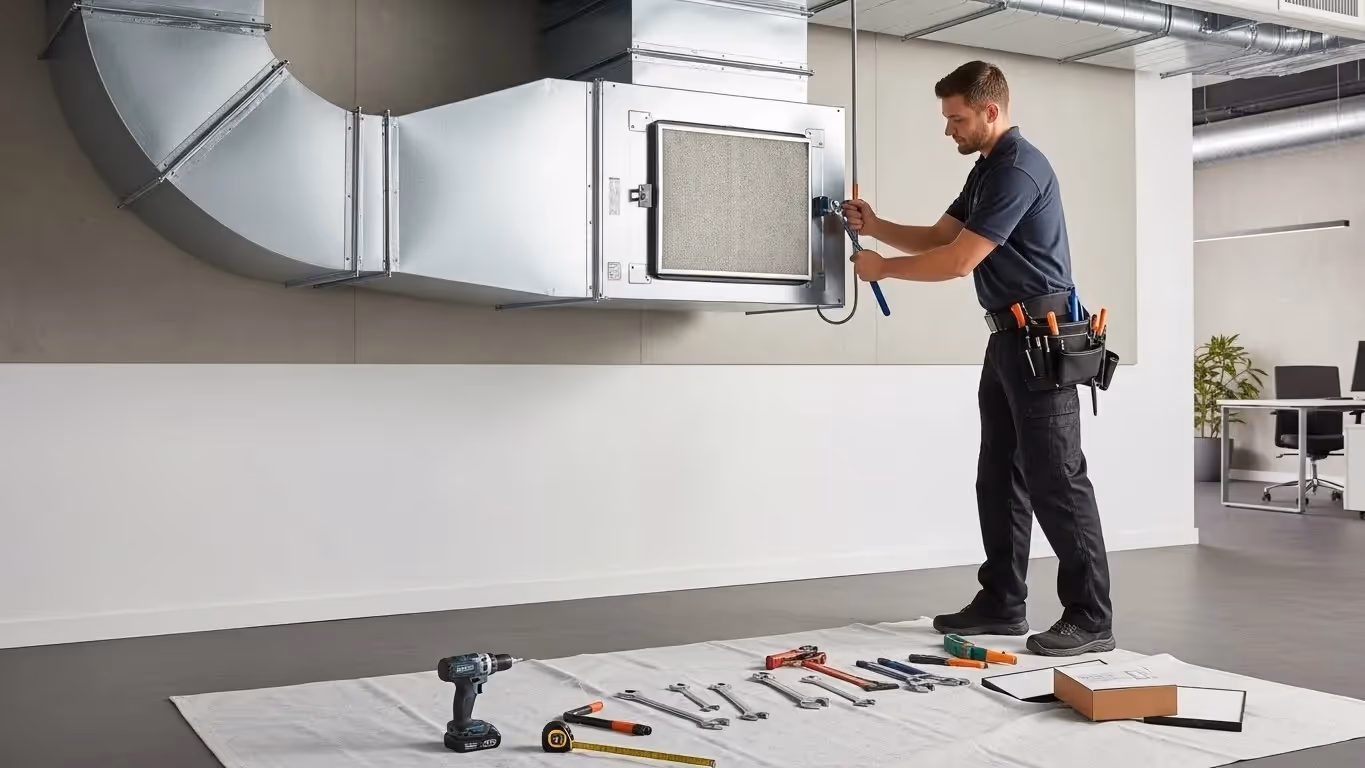 HVAC worker adjusting square intake filter.