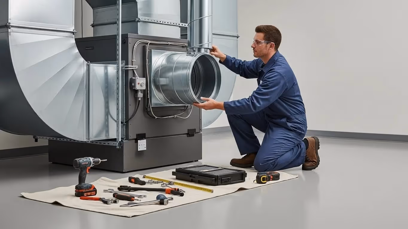 Technician inspecting round metal furnace duct.