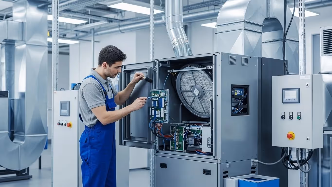Technician repairing industrial HVAC control panel.