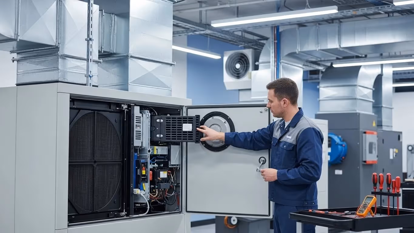 Technician sanitizing industrial air handling filter.