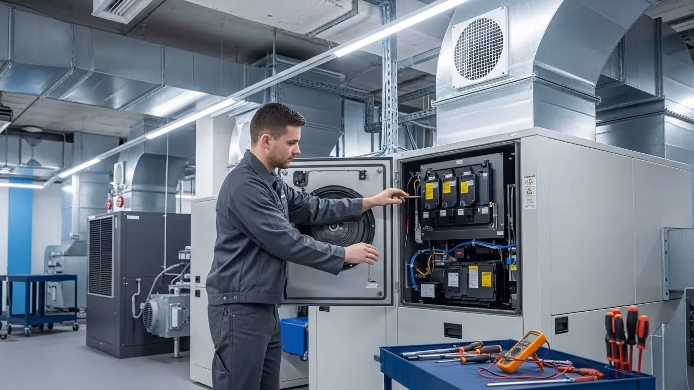 Technician maintaining large industrial ventilation unit.
