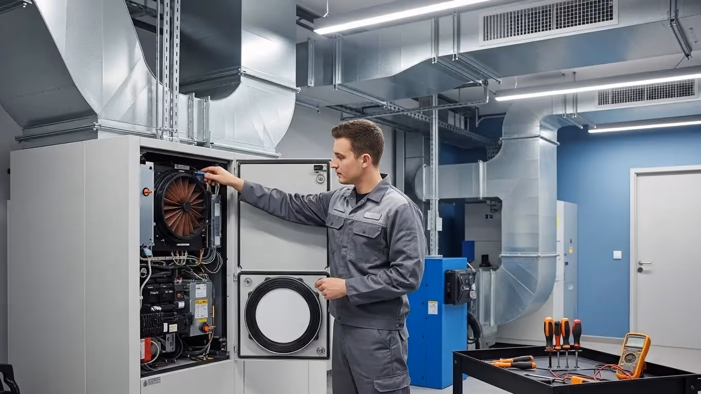 Technician checking industrial HVAC control panel.