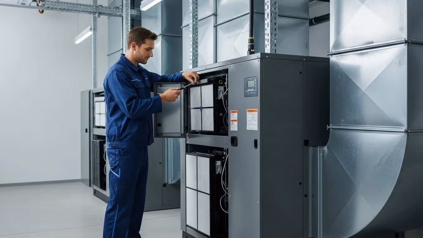 Technician inspecting commercial air handling unit.