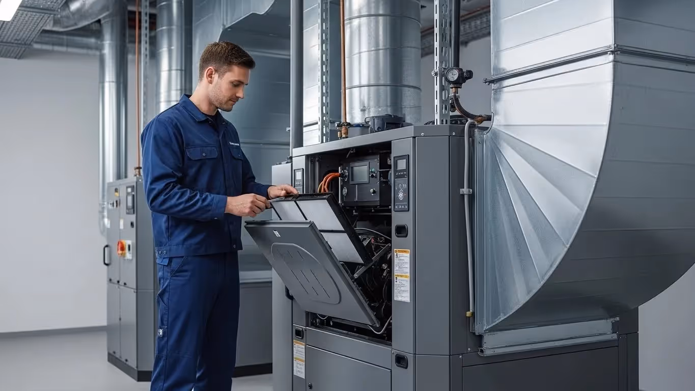 Technician cleaning industrial air conditioning filter.