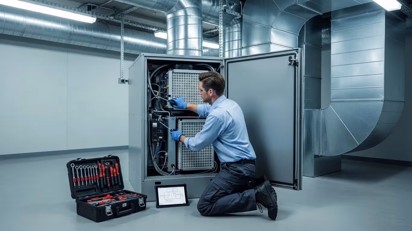 Technician checking industrial HVAC control panel.