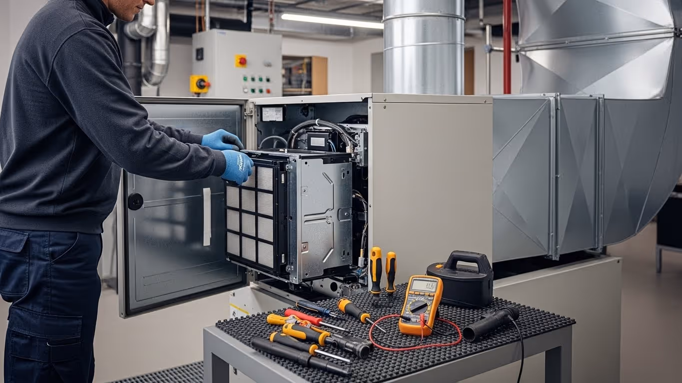 Technician servicing large industrial ventilation system.