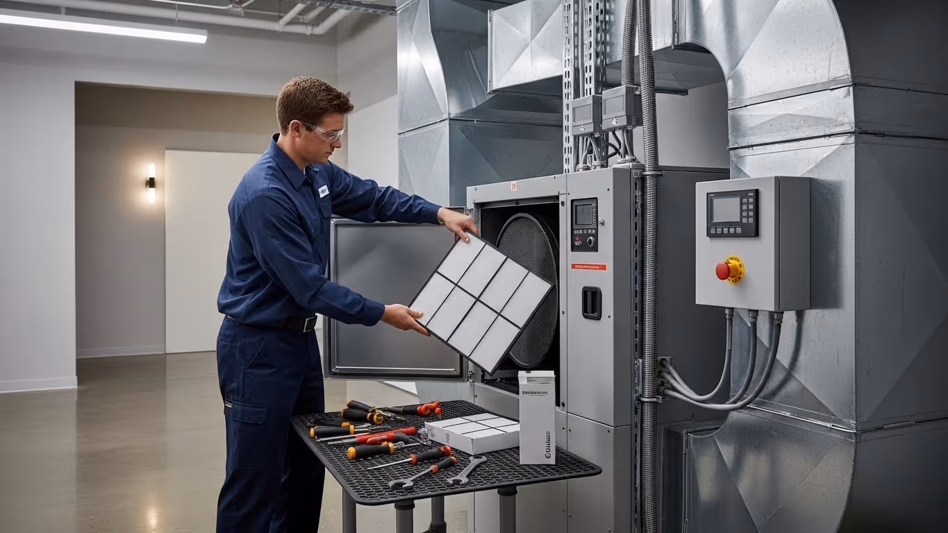 Technician replacing filter in HVAC unit.