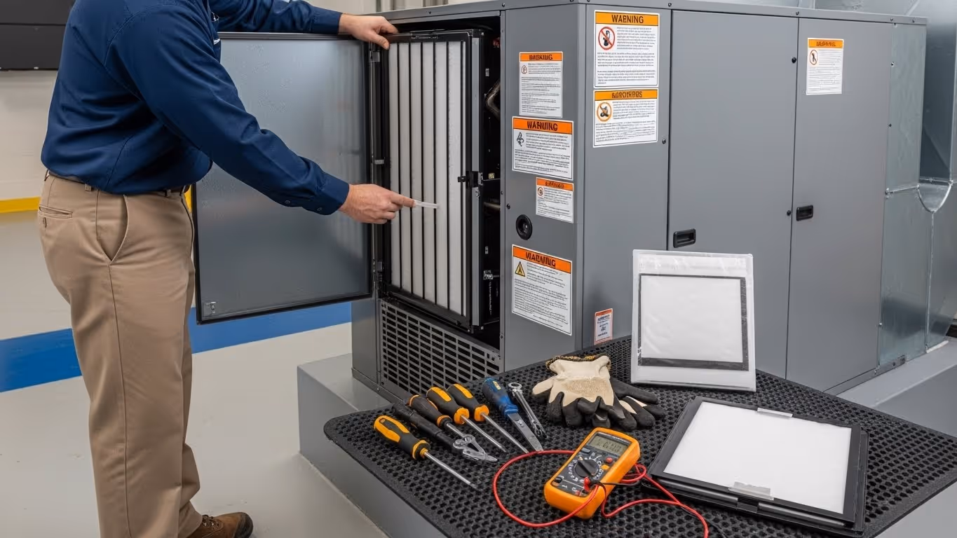 Professional checking industrial air filtration unit.