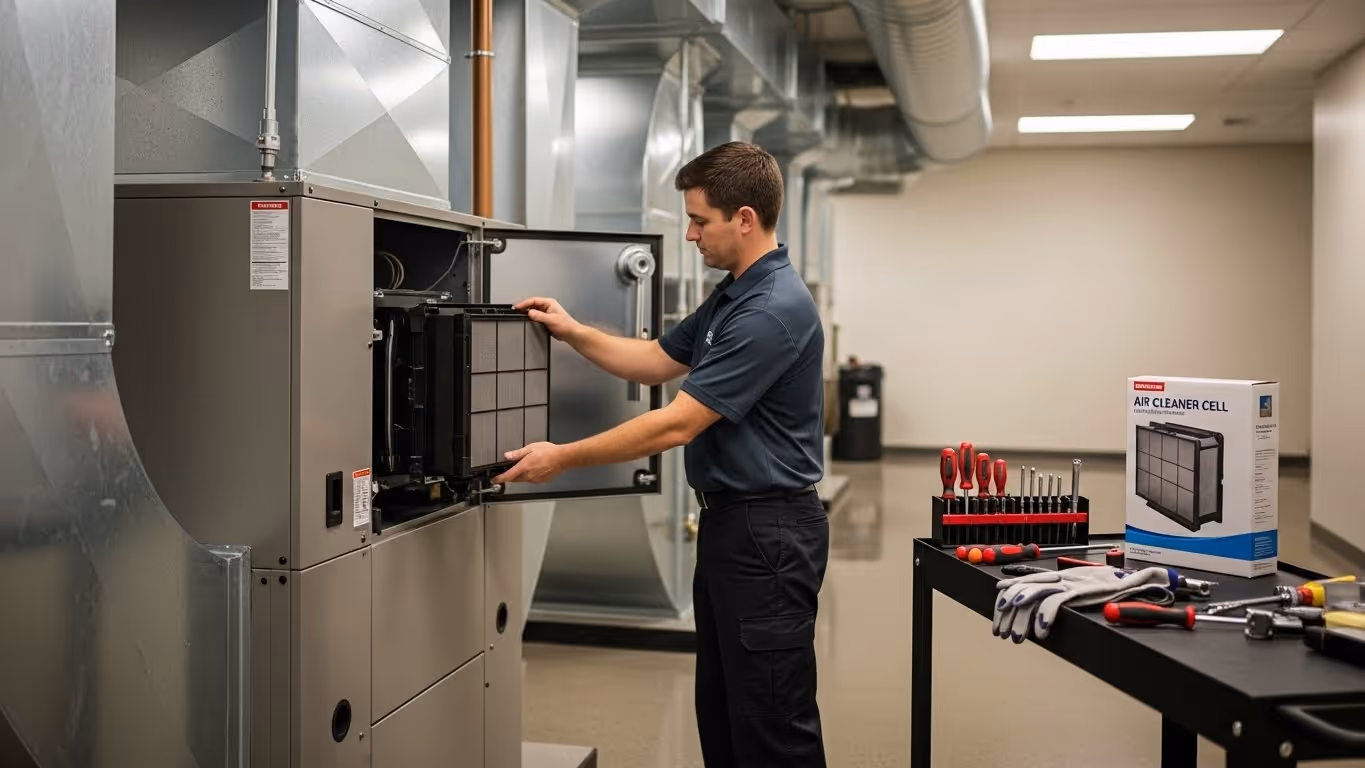 Worker mounting filter in industrial unit.