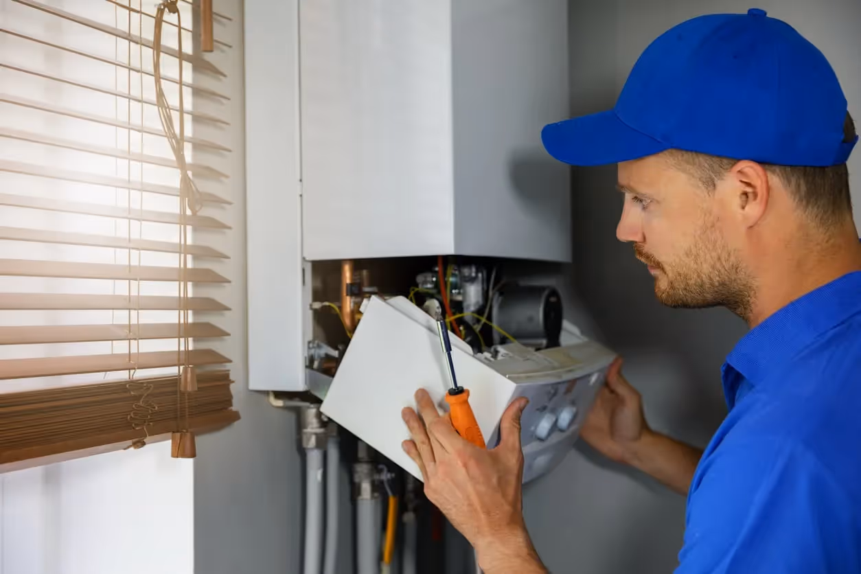 A man in a blue cap and shirt is repairing a wall-mounted furnace, holding an orange-handled screwdriver.