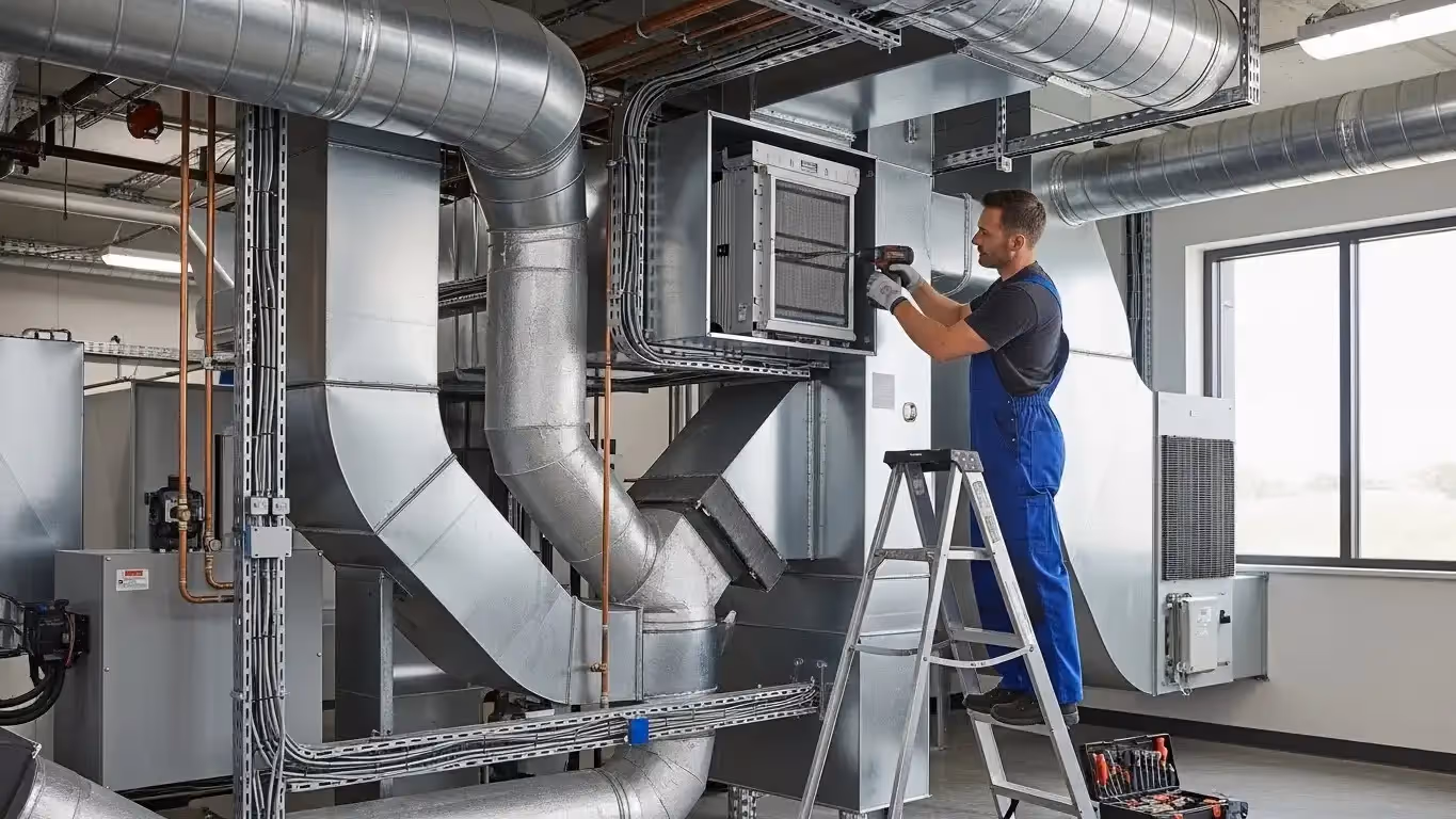 Technician on ladder servicing air ducts.