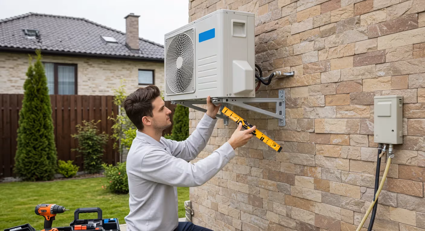 A male technician uses a level to ensure a wall-mounted AC unit is properly installed on the brick exterior of a house.
