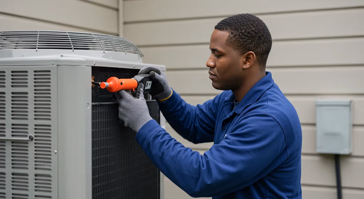 An African American technician in a blue uniform and gloves uses a tool to service an outdoor residential AC unit.
