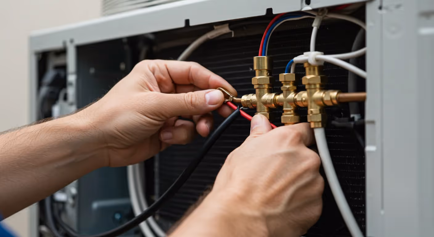 A close-up view of a technician's hands carefully working on the brass fittings and electrical wiring inside an AC unit.