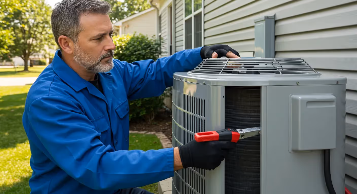 A technician in a blue uniform uses a cleaning tool to maintain the internal coils of an outdoor AC unit.
