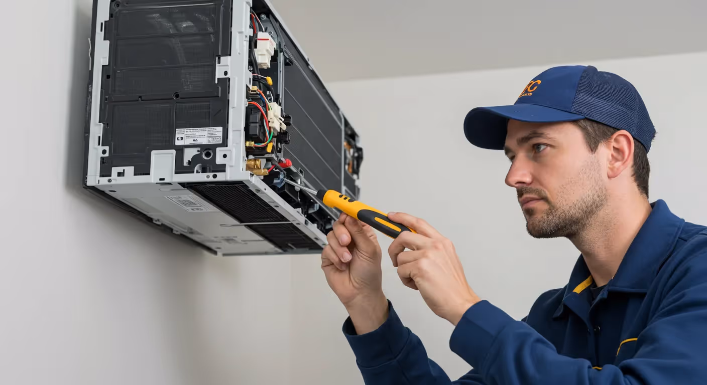 A male technician wearing a hat and blue uniform services a wall-mounted indoor AC unit.