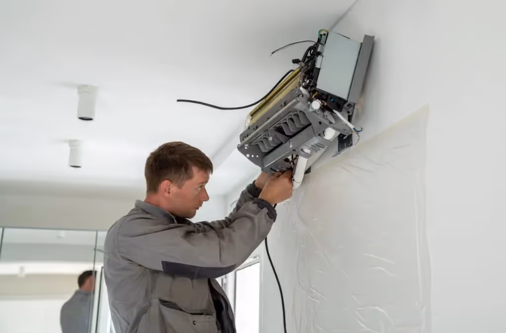 An HVAC technician in a work suit is repairing an open wall-mounted air conditioner unit.