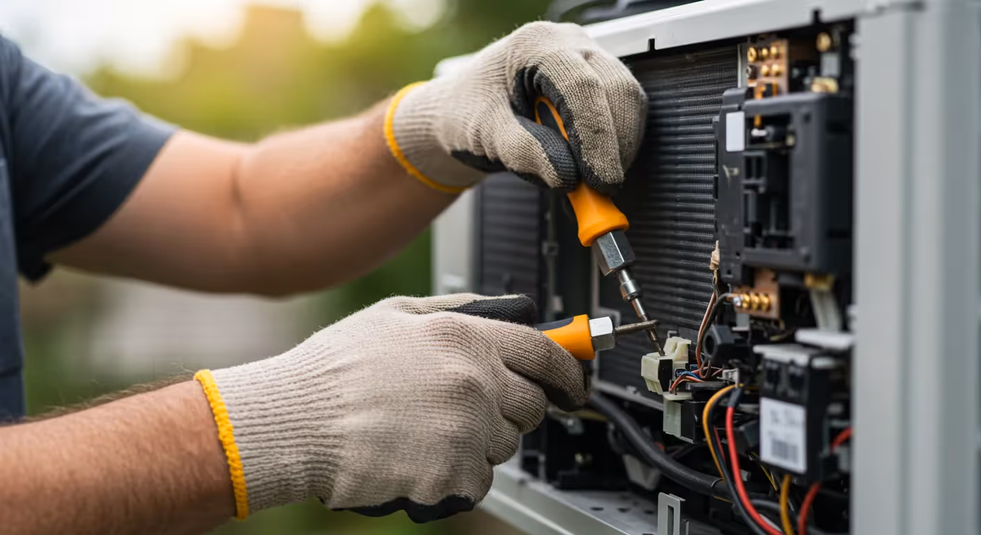 A close-up of a technician's gloved hands using a screwdriver to fix the wiring and internal parts of an outdoor AC unit.