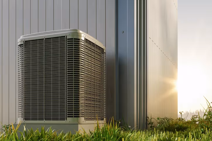 A single outdoor air conditioner unit sitting in the grass next to a modern building with the sun setting in the background.