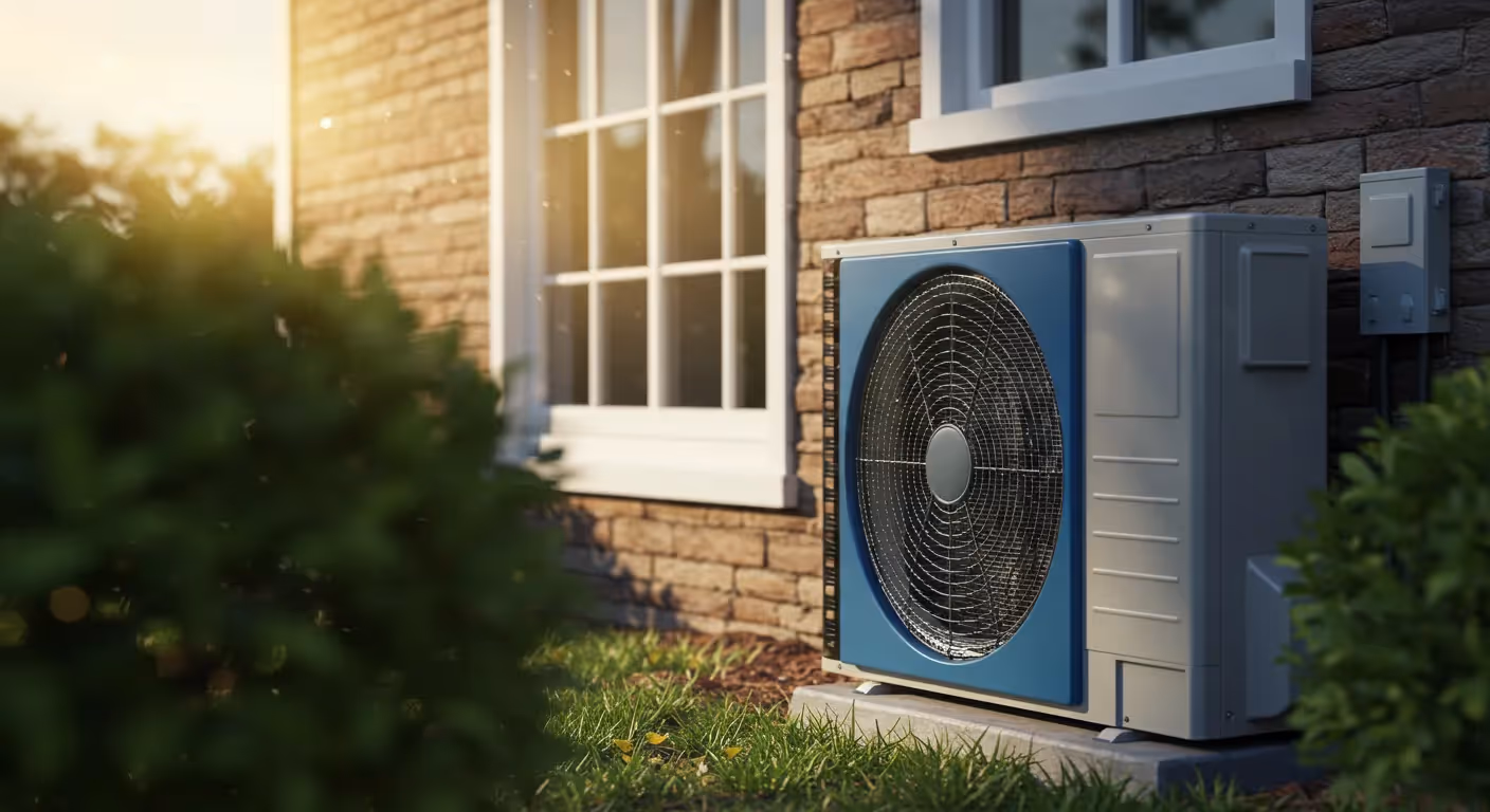 A modern blue and gray outdoor AC unit is shown on a grassy lawn next to a brick house with a window, bathed in sunlight.
